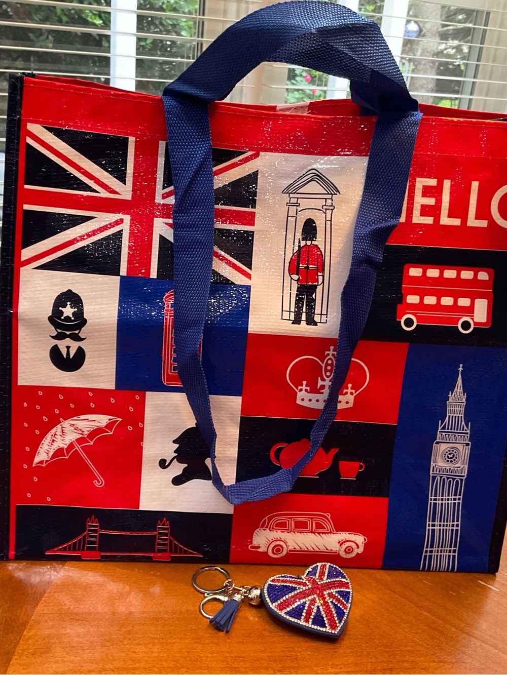 British tote bag with British heart bag charm. BRAND NEW. 2 ITEMS